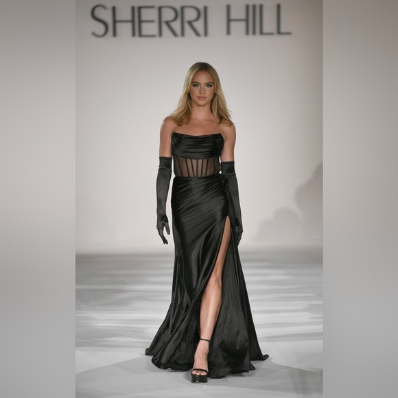 Black Satin Sherri Hill Bustier Corset Dress Size 4 - Picture 1 of 15